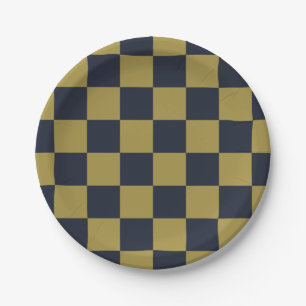 Elegantes Gold- und Navy-Blue-Checkered-Muster Pappteller
