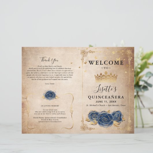 Elegantes Gold- und Navy-Blue-Quinceanera-Programm (Stehend Vorderseite)