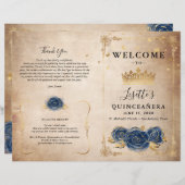 Elegantes Gold- und Navy-Blue-Quinceanera-Programm (Vorne/Hinten)