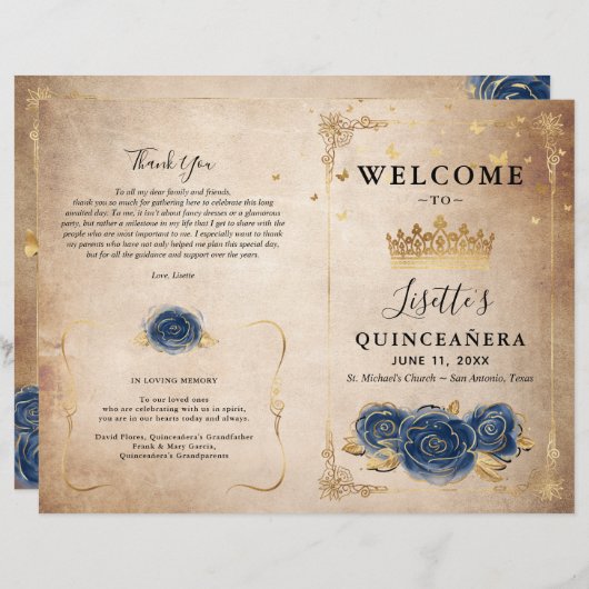 Elegantes Gold- und Navy-Blue-Quinceanera-Programm (Vorne/Hinten)