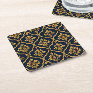 Elegantes Gold- und Navy-Damaskus-Vintage-Muster Rechteckiger Pappuntersetzer