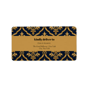 Elegantes Gold- und Navy-Damaskus-Vintage-Musterde Adressaufkleber