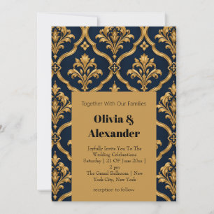 Elegantes Gold- und Navy-Damaskus-Vintage-Musterde Einladung