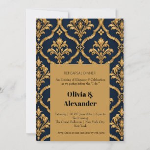 Elegantes Gold- und Navy-Damaskus-Vintage-Musterde Einladung