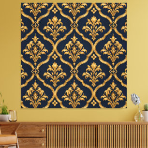 Elegantes Gold- und Navy-Damaskus-Vintage-Musterde Leinwanddruck