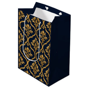 Elegantes Gold- und Navy-Damaskus-Vintage-Musterde Mittlere Geschenktüte
