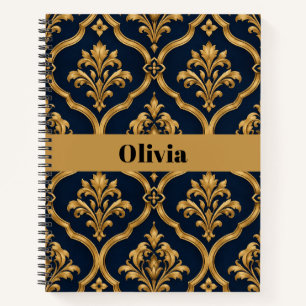 Elegantes Gold- und Navy-Damaskus-Vintage-Musterde Notizblock