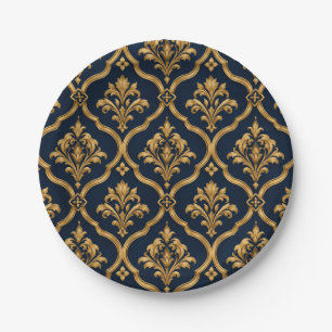 Elegantes Gold- und Navy-Damaskus-Vintage-Musterde Pappteller