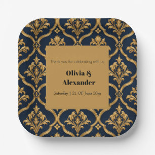 Elegantes Gold- und Navy-Damaskus-Vintage-Musterde Pappteller