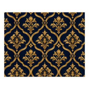 Elegantes Gold- und Navy-Damaskus-Vintage-Musterde Poster
