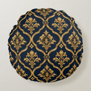 Elegantes Gold- und Navy-Damaskus-Vintage-Musterde Rundes Kissen