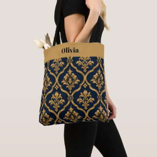 Elegantes Gold- und Navy-Damaskus-Vintage-Musterde Tasche