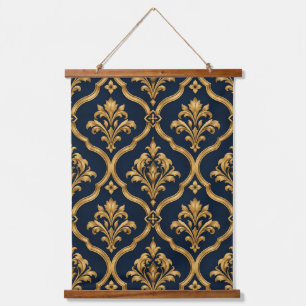 Elegantes Gold- und Navy-Damaskus-Vintage-Musterde Wandteppich Mit Holzrahmen