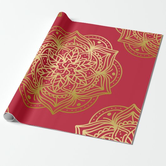 Elegantes Gold und Red Mandala Muster Geschenkpapier (Ungerollt)