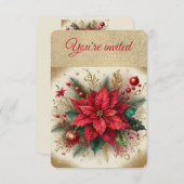 Elegantes Gold und Red Poinsettia Weihnachtsfest P Einladung (Vorne/Hinten)