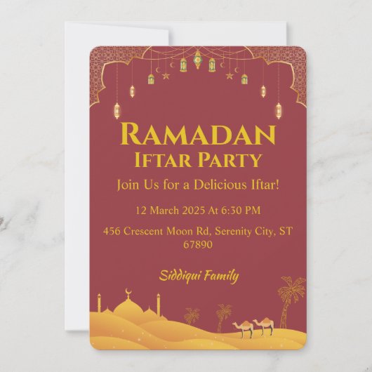 Elegantes Gold und Rot Ramadan Iftar Party Einladung (Vorderseite)