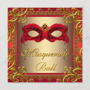Elegantes Gold und Rote Masquerade Party Einladung