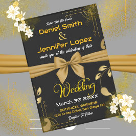 Elegantes Gold und Schwarz mit weißer Blütenhochze Einladung