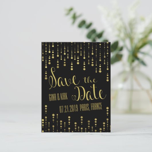 Elegantes Gold und Schwarz Save the Date Ankündigungspostkarte (Stehend Vorderseite)