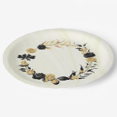 elegantes Gold und schwarze Blumen Pappteller (Schrägansicht)