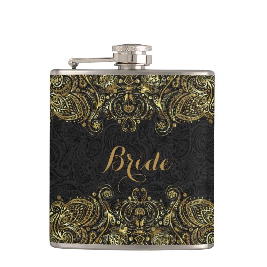 Elegantes Gold und schwarze Flora Paisley Lace Flachmann (Vorderseite)