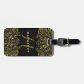 Elegantes Gold und schwarze Flora Paisley Lace Gepäckanhänger (Vorderseite horizontal)