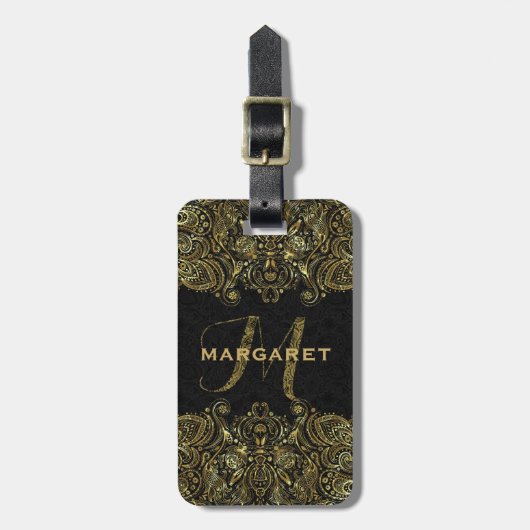 Elegantes Gold und schwarze Flora Paisley Lace Gepäckanhänger (Vorderseite vertikal)