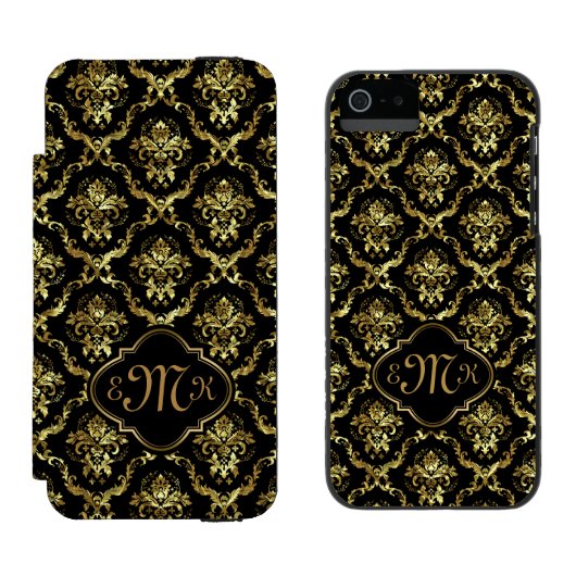 Elegantes Gold und schwarze Floral Damaskus Incipio iPhone Geldbeutel-Hülle (Seite an Seite)