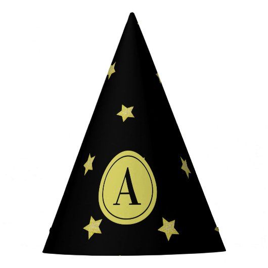 Elegantes Gold- und Schwarzes Sternmuster-Monogram Partyhütchen (Vorderseite)