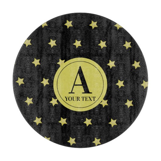 Elegantes Gold- und Schwarzes Sternmuster-Monogram Schneidebrett (Vorderseite)