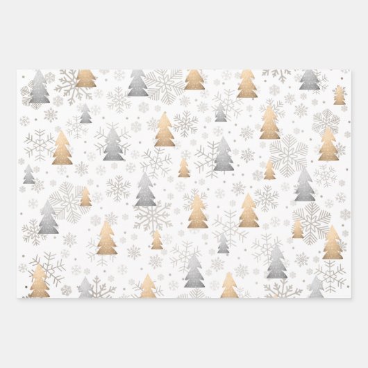 Elegantes Gold und Silber Weihnachtsbaum Snowflake Geschenkpapier Set (Vorderseite)