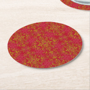 Elegantes Gold- und tiefrosa florales Damastmuster Runder Pappuntersetzer