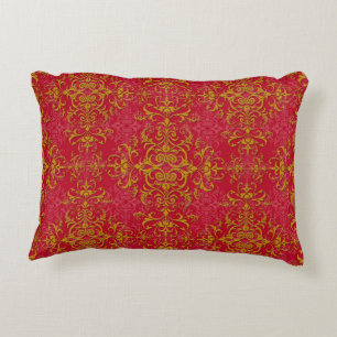 Elegantes Gold- und tiefrosa florales Damastmuster Zierkissen