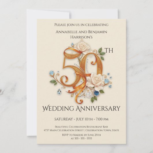 Elegantes Gold und Weiß 50 Jahre Hochzeit Einladung (Vorderseite)