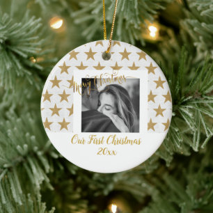 Elegantes Gold und Weiß Benutzerdefiniert Ihr Foto Keramik Ornament
