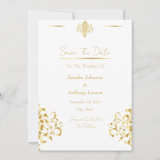 Elegantes Gold- und Weiß-Damaskusmuster Save The Date (Vorderseite)
