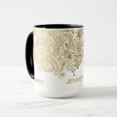 Elegantes Gold und Weiß Paisley Tasse (Vorderseite Links)