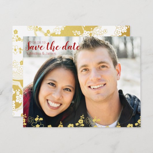 Elegantes Gold und Weißkirsche Blossom Oriental Save The Date (Vorne/Hinten)
