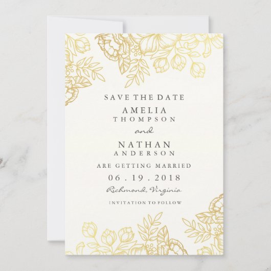 Elegantes Gold Vintag Floral Save the Date (Vorderseite)
