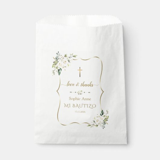 Elegantes Gold Wasserfarbe Weiße Blume Taufe Geschenktütchen (Vorderseite)