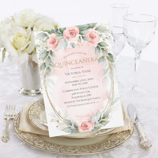 Elegantes Gold Wasserfarben Rosa Quinceñera Einladung