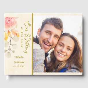Elegantes Gold Watercolor Floral Wedding Foto Gästebuch