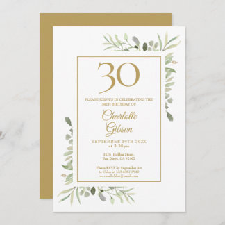 Elegantes Gold Watercolor Grün 30. Geburtstag Einladung