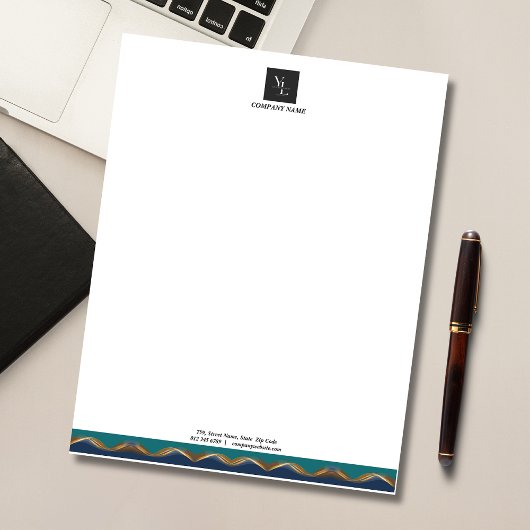 Elegantes Gold Wave Blue Aquamarin Logo Business Notizblock