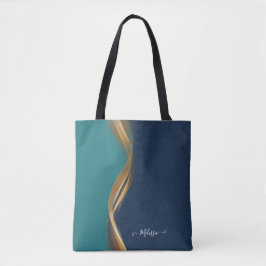 Elegantes Gold Wave Blue Aquamarin mit Name Tasche