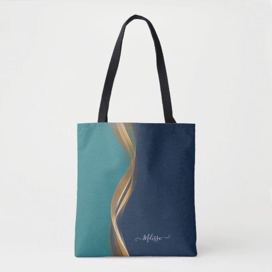 Elegantes Gold Wave Blue Aquamarin mit Name Tasche (Vorderseite)
