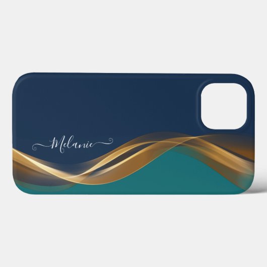 Elegantes Gold Waves Blau Aquamarin mit Name Case-Mate iPhone Hülle (Rückseite (Horizontal))