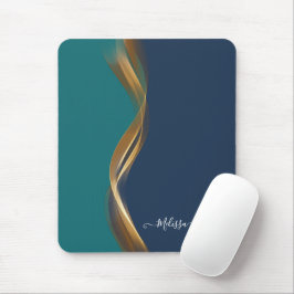 Elegantes Gold Waves Blau Aquamarin mit Name Mousepad