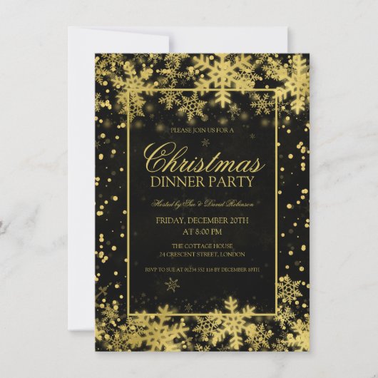 Elegantes Gold Weihnachts Party Winterschneeflocke Einladung (Vorderseite)