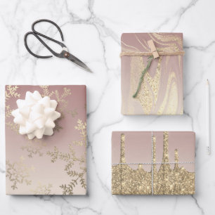 Elegantes Gold Weihnachts-Schneeflockenmuster Driv Geschenkpapier Set